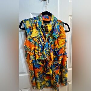 Ashley Stewart Tropical Ruffle Tie-Front Sleeveless Top in Orange, Blue & Yellow